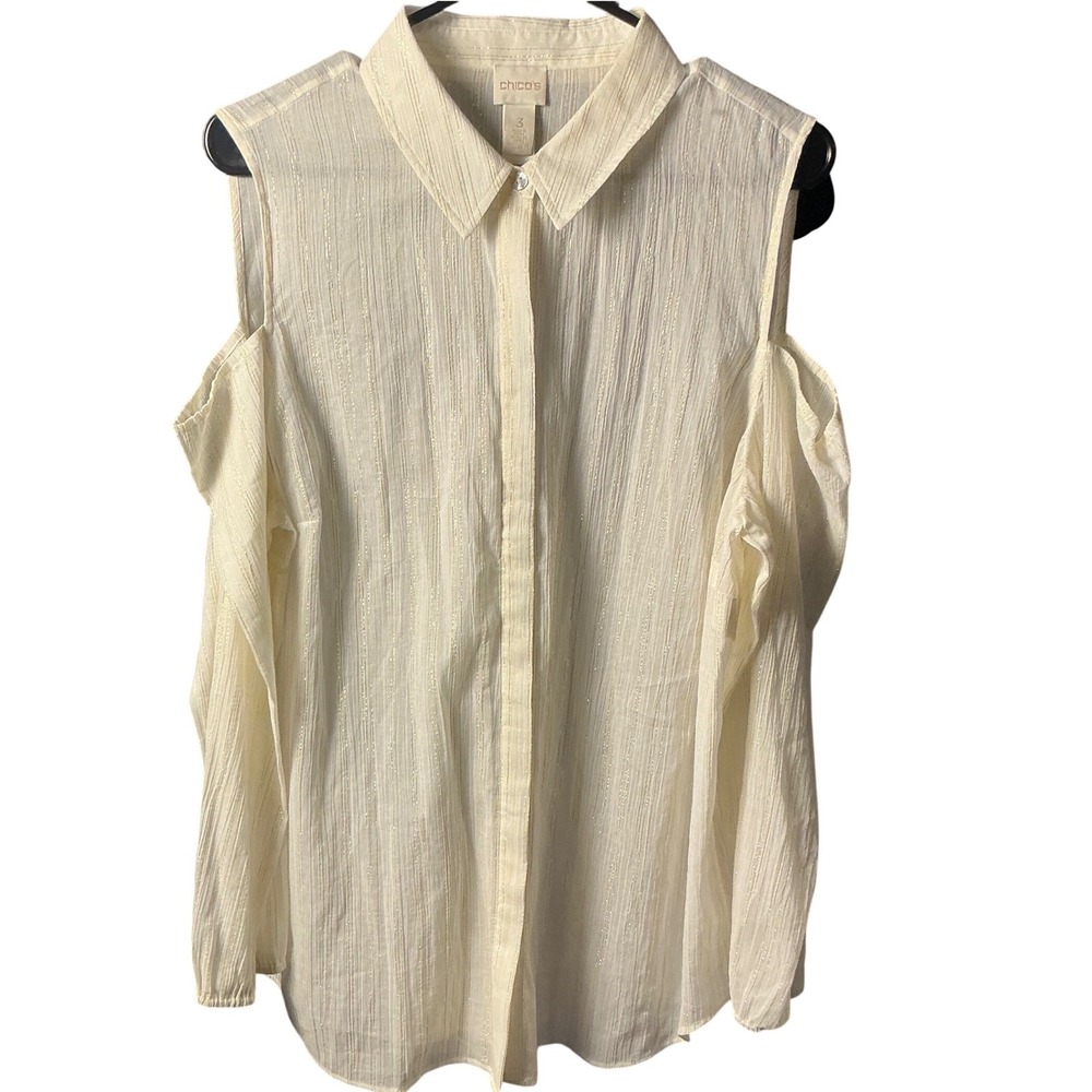 Chicos Cold Shoulder Button Down Blouse Ivory Gold Metallic Stripe Size 3 Large